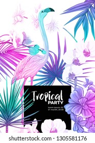 Background, party invitation,  cover with text box with tropical plants, flowers and birds  in neon, fluorescent colors. Vector illustration. Isolated on white background.