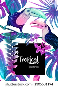 Background, party invitation,  cover with text box with tropical plants, flowers and birds  in neon, fluorescent colors. Vector illustration. Isolated on white background.