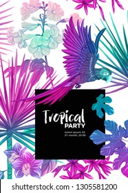 Background, party invitation,  cover with text box with tropical plants, flowers and birds  in neon, fluorescent colors. Vector illustration. Isolated on white background.