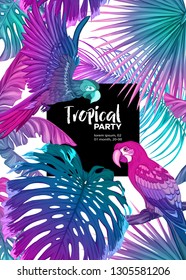 Background, party invitation,  cover with text box with tropical plants, flowers and birds  in neon, fluorescent colors. Vector illustration. Isolated on white background.