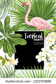 Background, party invitation,  cover with text box with tropical plants, flowers and birds.  Vector illustration. On blue background.