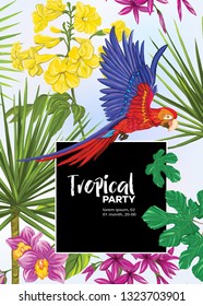 Background, party invitation,  cover with text box with tropical plants, flowers and birds.  Vector illustration. On blue background.