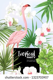 Background, party invitation,  cover with text box with tropical plants, flowers and birds.  Vector illustration. On blue background.