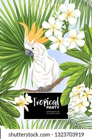 Background, party invitation,  cover with text box with tropical plants, flowers and birds.  Vector illustration. On blue background.