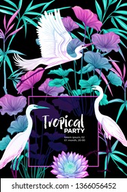 Background, party invitation,  cover with text box with tropical plants, flowers and birds  in neon, fluorescent colors. Vector illustration. Isolated on black background.