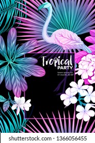 Background, party invitation,  cover with text box with tropical plants, flowers and birds  in neon, fluorescent colors. Vector illustration. Isolated on black background.