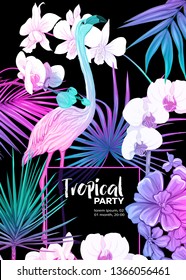 Background, party invitation,  cover with text box with tropical plants, flowers and birds  in neon, fluorescent colors. Vector illustration. Isolated on black background.