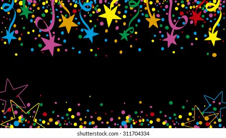 Background of a party with many confetti, streamers and stars at night