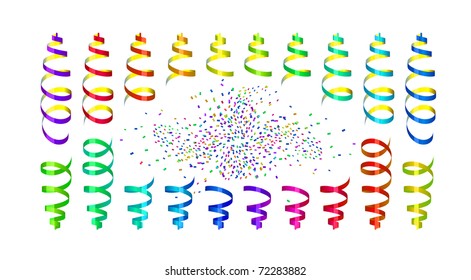 Background with party streamers and confetti, vector illustration