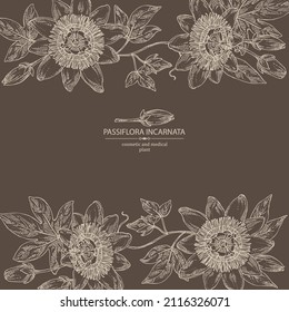 Background with passiflora incarnata: passiflora flowers, leaves and plant. Cosmetic, perfumery and medical plant. Vector hand drawn illustration.