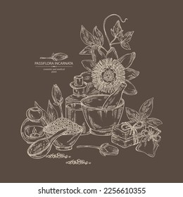Background with passiflora incarnata: passiflora flowers, leaves and plant. Oil, soap and bath salt . Cosmetics and medical plant. Vector hand drawn illustration
