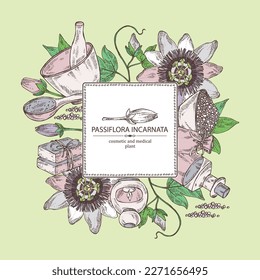 Background with passiflora incarnata: passiflora flowers, leaves and plant. Oil, soap and bath salt . Cosmetics and medical plant. Vector hand drawn illustration