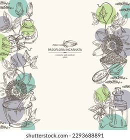 Background with passiflora incarnata: passiflora flowers, leaves and plant. Oil, soap and bath salt . Cosmetics and medical plant. Vector hand drawn illustration