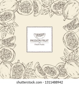 Background with passion fruit: fruit, passion slice and leaves. Vector hand drawn illustration