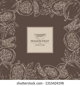 Background with passion fruit: fruit, passion slice and leaves. Vector hand drawn illustration