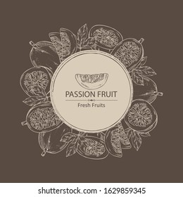Background with passion fruit: fruit, passion slice and leaves. Vector hand drawn illustration.