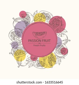 Background with passion fruit: fruit, passion slice and leaves. Vector hand drawn illustration.