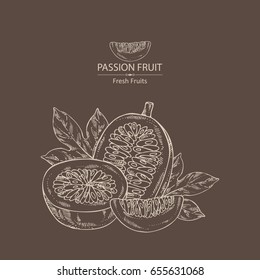 Background with passion fruit: fruit, passion slice and leaves. Vector hand drawn illustration.
