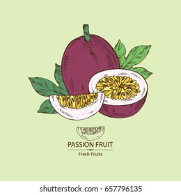 Background with passion fruit: fruit, passion slice and leaves. Vector hand drawn illustration.