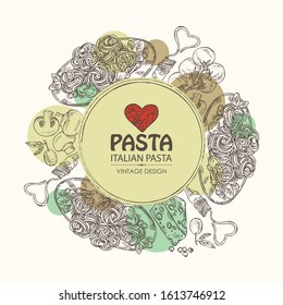 Background with pasta, folk with pasta, vegetables, cheese and mushrooms. Vector hand drawn illustration.