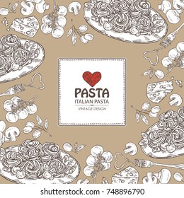 Background with pasta, folk with pasta, vegetables, cheese and mushrooms. Vector hand drawn illustration.