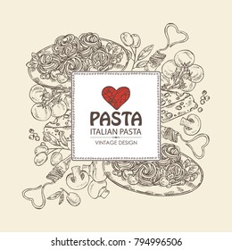 Background with pasta, folk with pasta, vegetables, cheese and mushrooms. Vector hand drawn illustration.