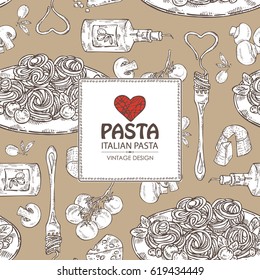 Background with pasta, fork with pasta, vegetables, cheese and champignon. hand drawn.