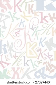 background with the pastel colored letter "K" in different typefaces and sizes