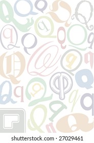 background with the pastel colored letter "Q" in different typefaces and sizes