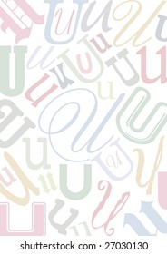 background with the pastel colored letter "U" in different typefaces and sizes