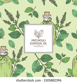 Background with patchouli and bottle of patchouli essential oil. Cosmetic, perfumery and medical plant. Vector hand drawn illustration.