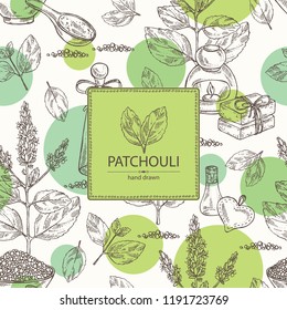 Background with patchouli: patchouli branch with leaves and flowers, oil, soap and bath salt . Cosmetic and medical plant. Vector hand drawn illustration. 