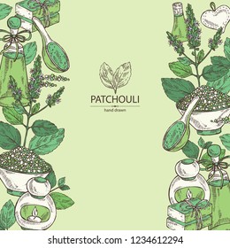 Background with patchouli: patchouli branch with leaves and flowers, oil, soap and bath salt . Cosmetic and medical plant. Vector hand drawn illustration. 