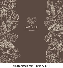 Background with patchouli: patchouli branch with leaves and flowers, oil, soap and bath salt . Cosmetic and medical plant. Vector hand drawn illustration. 