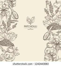 Background with patchouli: patchouli branch with leaves and flowers, oil, soap and bath salt . Cosmetic and medical plant. Vector hand drawn illustration. 