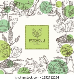 Background with patchouli: patchouli branch with leaves and flowers, oil, soap and bath salt . Cosmetic and medical plant. Vector hand drawn illustration. 