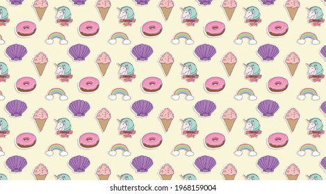 BACKGROUND PATERN. UNICORN, DONUT, SEA SHELL AND ICE-CREAME