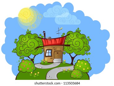 background the path to a cartoon house with the cat on the roof surrounded by trees