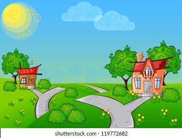 background the path to a cartoon house with the cat on the roof surrounded by trees