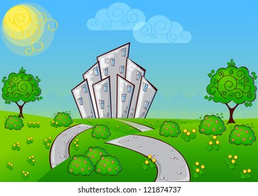 background the path to a cartoon house with the cat on the roof surrounded by trees