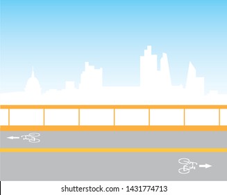 Background of the pathway with bike and arrow sign and skyscraper in a big town.