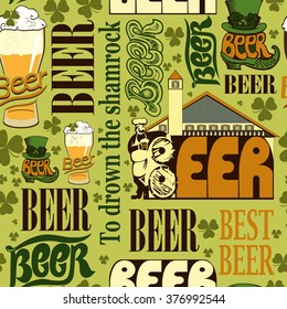 Background for Patrick's Day with text.Seamless background contains images of brewery,man with beer mug,beer  glass with shamrock and text on green background.