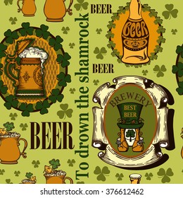 Background for Patrick's Day.Seamless background contains images of beer mug,beer bottle,beer jar,emblem of brewery with leprechaun and shamrock on green background. Seamless background.