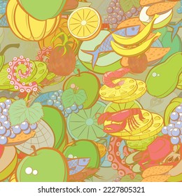Background pattern abstract design texture. Seamless. Seafood and Fruits. Theme is about pineapple, squid, orange, slices, cheese, fish, incision, berries, lobules, shell, lobster, branch