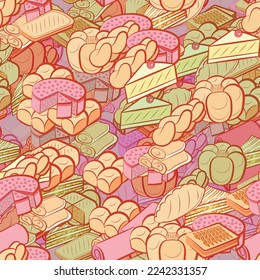 Background pattern abstract design texture. Seamless. Bakery products. Theme is about sennit, two-layer, common, cake, dissected, sandwich, saturated with filling, filling, cut, molded