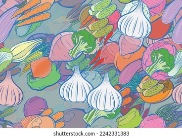 Background pattern abstract design texture. Seamless. Health food. Theme is about Chinese cabbage, pimples, whole garlic, small, Caucasian, peel, zucchini, nutritious, vegetable, Chile, cob