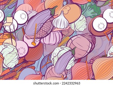 Background pattern abstract design texture. Seamless. Tennis and Health food. Theme is about garlic head, glare, head of cab, white, clip, tennis racket, satisfying, tart, pepper, bitter