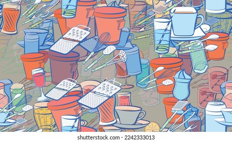 Background pattern abstract design texture. Seamless. Drinks and Cutlery. Theme is about aluminum, whisk, saucer, wine, tea, meat fork, cup, hot drink, thread, spatula, cola, bubbles, soda