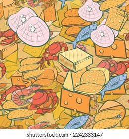 Background pattern abstract design texture. Seamless. Seafood and Cheeses. Theme is about crab, yummy, slice, thinly sliced, nautical, squid, no holes, many holes, sea, cheese, mussels, fish