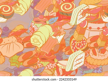 Background pattern abstract design texture. Seamless. Seafood and Snacks. Theme is about royal, sweet, fish, seafood, yummy, dough, big, six-pointed, wrapped up, twisted filling, star, vitamins